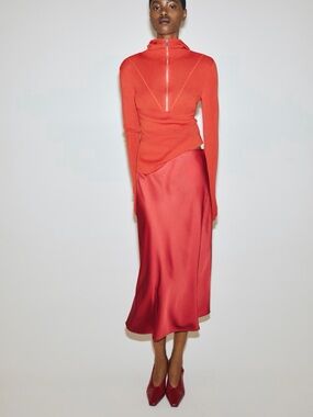 H&M Bias Cut Midi Skirt Red Satin Dressy Sz S NWT
